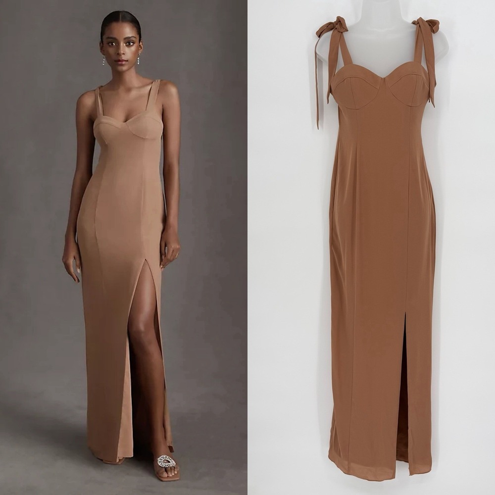 BHLDN Anthropologie Sz 2 Brown Bridesmaid Wedding‎ Guest Dress Slit Tie Sleeve